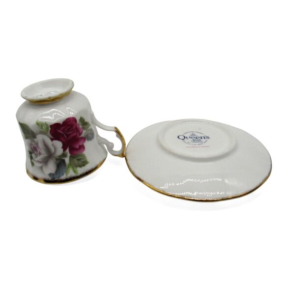 QUEENS CHINA Jacobean Roses Tea Cup And Saucer Gold Trim England Vintage - Picture 9 of 12